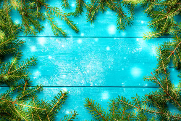 istock Christmas background. Christmas fir tree branches with snow on blue rustic wooden board with copy space 1165294435