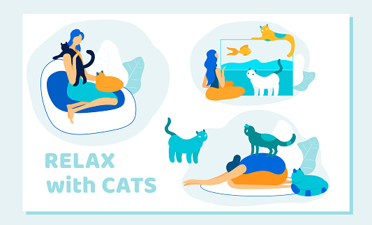 People and their Pets. Happy Cheerful Woman Watching in Gold Fish Swimming in Aquarium, Girl Relax at Home with Many Cats around. Love to Domestic Animals. Cartoon Flat Vector Illustration, Banner