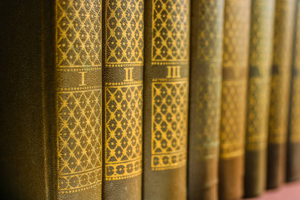 Wooden shelf with classic literature in the library. Numbered the old spines of books. Background about the love of literature.
