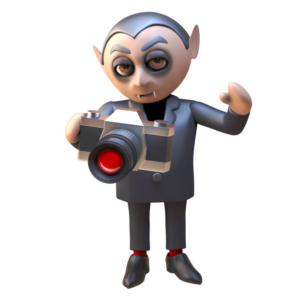 Vampire dracula fanged Halloween 3d character using a camera, 3d illustration Vampire dracula fanged Halloween 3d character using a camera, 3d illustration render fanged stock pictures, royalty-free photos & images