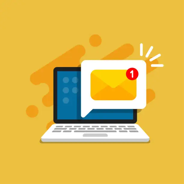 Vector illustration of Email message on screen in laptop. Message reminder concept. Newsletter on computer. Vector illustration in flat style.