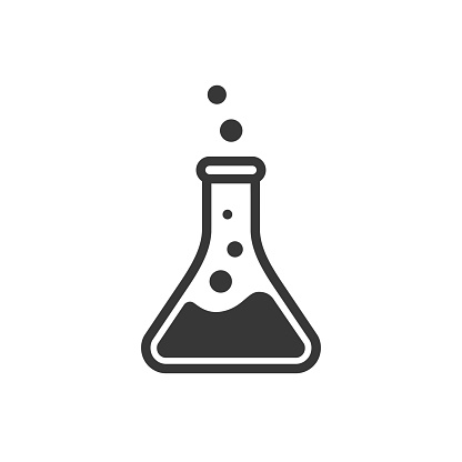 Laboratory beaker icon. Chemical experiment in flask. Chemistry and biology symbol. Flask vector illustration. Science technology. Isolated black object on white background.