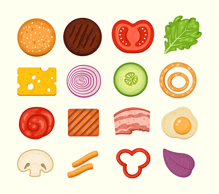 Burger ingredients set of vector icons in midern cartoon style. Burgers constructor top view, cheeseburger parts collection
