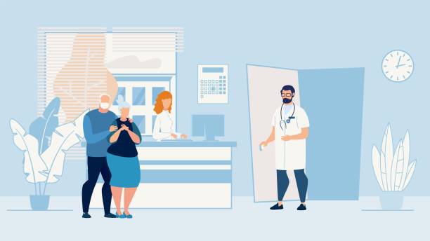 Banner Sick Elderly Couple who in Doctors Office. Banner Sick Elderly Couple Patients Husband and Wife, are in Doctors Office. Husband Gently Hugs his Beloved Wife. Physician is Specialist in Diseases Elderly in Ward and Invites them to Enter. positive negative slide stock illustrations