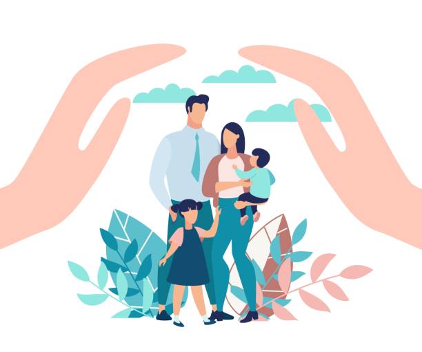 Bright Poster Family Protection with Children. Bright Poster Family Protection with Children. State Protection for Families with Small Children. Parents and Children Stand in Park, Close-up above his Hands. Vector Illustration. happy family stock illustrations