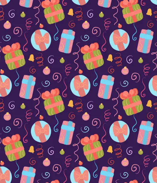 Vector illustration of Seamless Christmas pattern on violet background. Wallpaper with decorations, gifts, serpentine and confetti. Festive texture