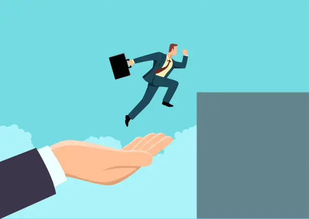 Vector illustration of Hand helping a businessman to jump higher