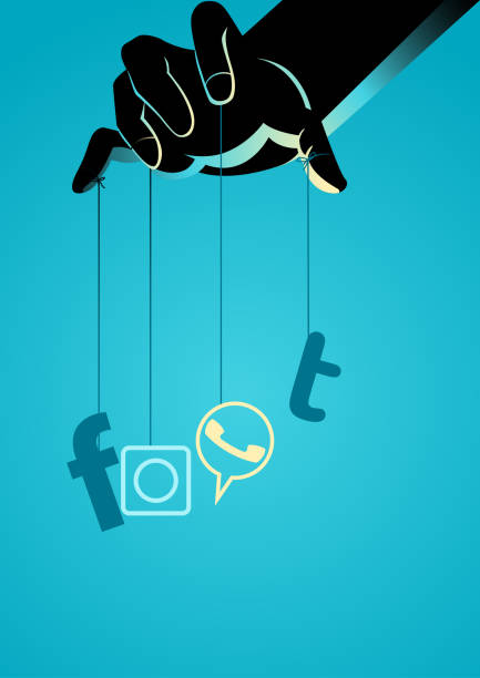 Puppet master controlling social media symbol Simple vector illustration of a puppet master controlling social media symbol puppet master stock illustrations