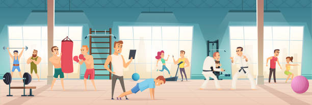 Gym interior. Inside of fitness center workout sport simulators lifestyle body ball bicycle for cardio vector background Gym interior. Inside of fitness center workout sport simulators lifestyle body ball bicycle for cardio vector background. Illustration of workout training, physical sport, art martial woman on exercise machine stock illustrations
