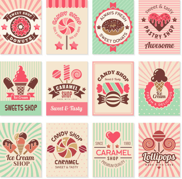 ilustraciones, imágenes clip art, dibujos animados e iconos de stock de tarjetas de la tienda de caramelos. postres de comida dulce símbolos de confitería para la colección de volantevectorials del menú del restaurante - candy