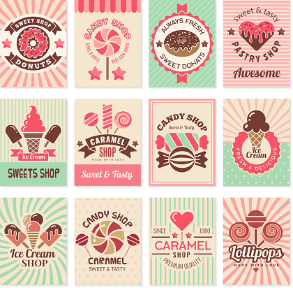 Candy shop cards. Sweet food desserts confectionary symbols for restaurant menu vector flyer collection. Confectionery banner shop, candy dessert, sweet caramel illustration