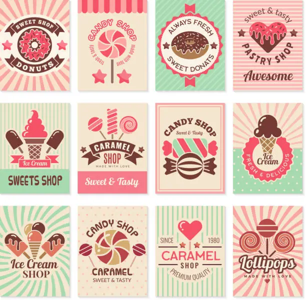 Vector illustration of Candy shop cards. Sweet food desserts confectionary symbols for restaurant menu vector flyer collection