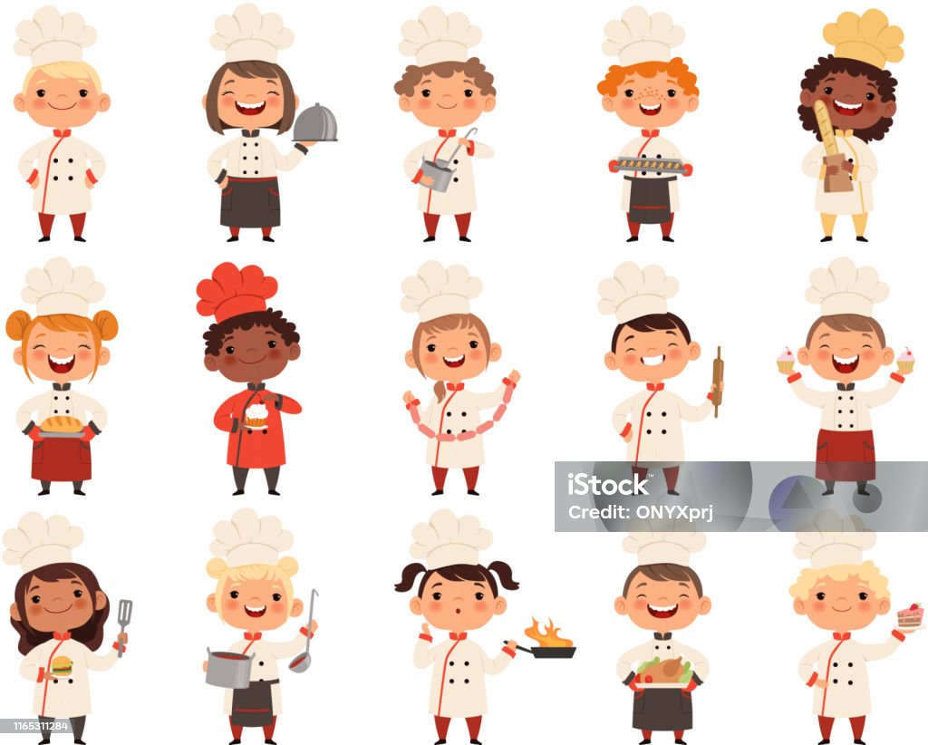 Cooking childrens. Little funny laugh kids making food profession chef vector boys and girls Cooking childrens. Little funny laugh kids making food profession chef vector boys and girls. Girl and boy funny cook delicious food illustration Chef stock vector