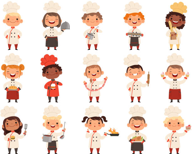 Cooking childrens. Little funny laugh kids making food profession chef vector boys and girls Cooking childrens. Little funny laugh kids making food profession chef vector boys and girls. Girl and boy funny cook delicious food illustration baker occupation stock illustrations