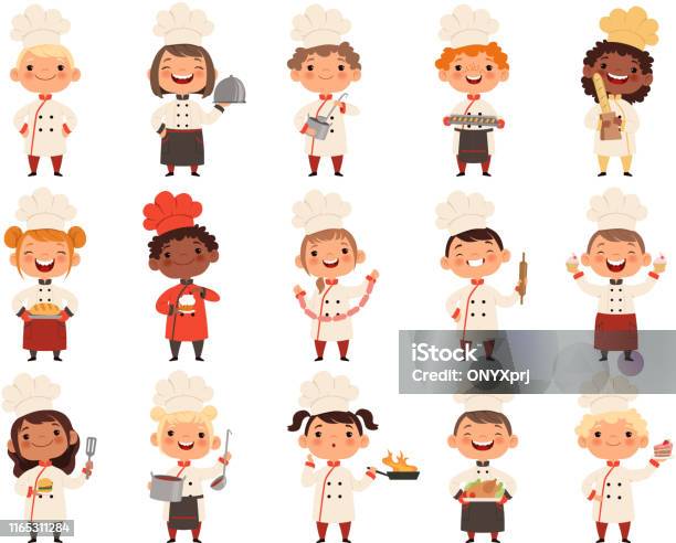 Cooking Childrens Little Funny Laugh Kids Making Food Profession Chef Vector Boys And Girls Stock Illustration - Download Image Now