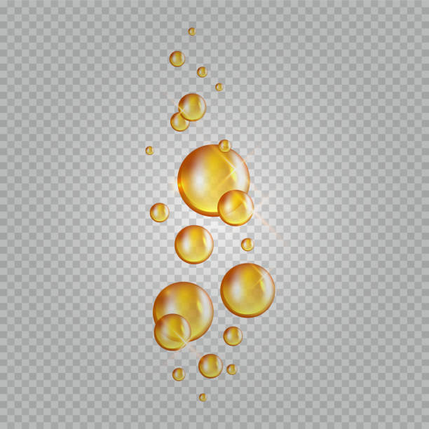 ilustraciones, imágenes clip art, dibujos animados e iconos de stock de burbujas de aceite de oro. cápsulas de colágeno vector parpadeante. gotas de aceite cosmético aisladas sobre fondo transparente - ácido grasos