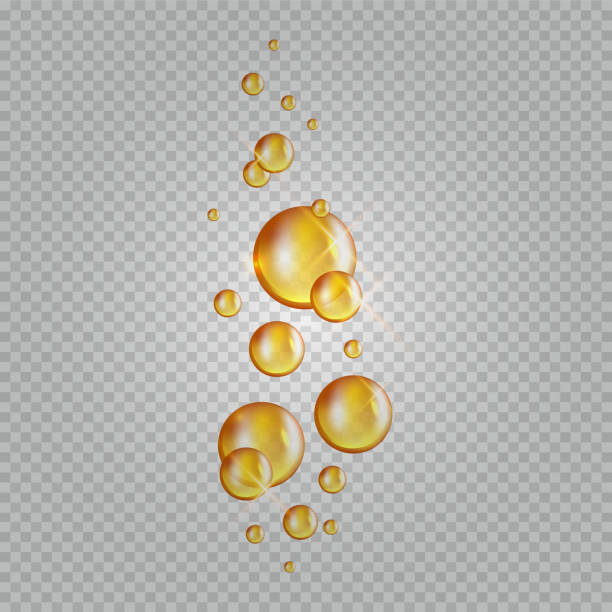 ilustrações de stock, clip art, desenhos animados e ícones de gold oil bubbles. vector blink collagen capsules. cosmetics oil drops isolated on transparent background - fatty acid