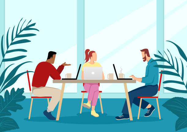 Young people in casual wear working together Business vector illustration of a group of young people in casual wear working together meeting at cafe stock illustrations