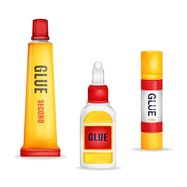 Vector illustration of Vector realistic glue tube stick bottle mockup set