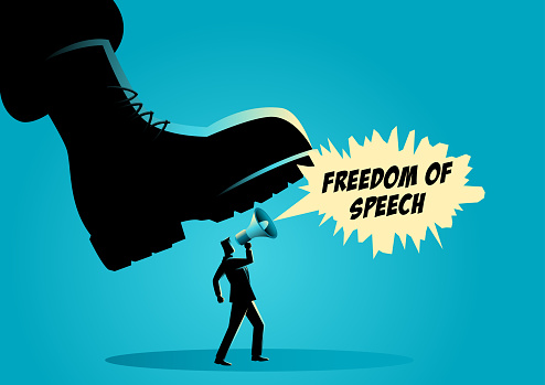 Vector illustration of a giant army boot trampling on a man, dictator, freedom of speech, authority concept