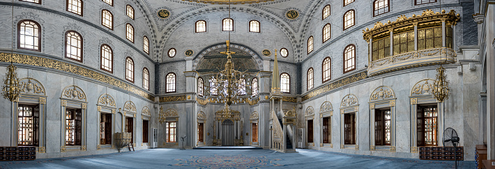 Panoramic interior view of Nusretiye Mosque which was built in 1823-1826 by Sultan Mahmut located in Tophane district of Beyoglu, Istanbul, Turkey.25 July 2019