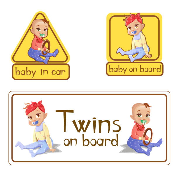ilustraciones, imágenes clip art, dibujos animados e iconos de stock de bebé en el signo del coche pegatinas ilustraciones vectoriales o gemelos a bordo etiquetas de advertencia de precaución conjunto aislado - twin tips