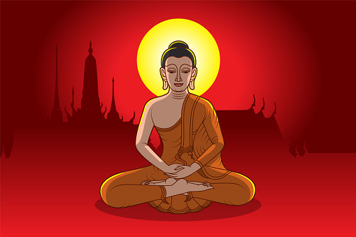 Buddha And Glowing Light With Red Temple Background Stock Illustration -  Download Image Now - iStock