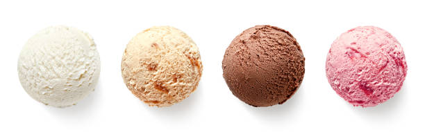 Set of four various ice cream balls or scoops Set of four various ice cream balls or scoops isolated on white background. Top view. Vanilla, strawberry, chocolate and caramel flavor scoop shape stock pictures, royalty-free photos & images