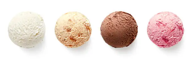 Set of four various ice cream balls or scoops isolated on white background. Top view. Vanilla, strawberry, chocolate and caramel flavor