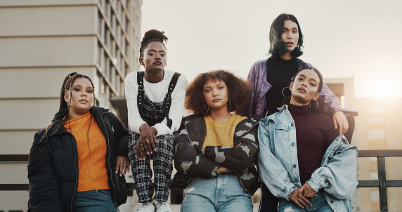 Portrait of a group of young women hanging out in the city