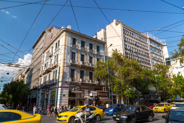Athens, Greece - July 19, 2018: Buildings and cityscape at Omonoia or Omonia Square in central Athens, capital of Greece.
