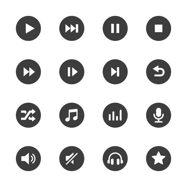 ilustrações de stock, clip art, desenhos animados e ícones de multimedia and audio icons set - push button audio