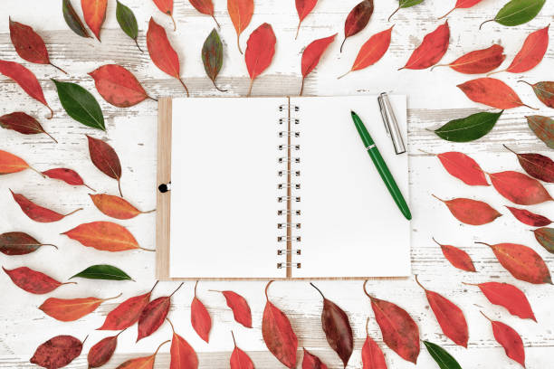 istock autumn fall flat lay, top view arrangement, note book, colourful autumn leaves on white background, flat lay, top view, copy space 1165330855