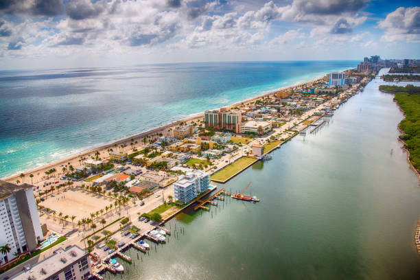 Hotels and condominiums lining the beaches of beautiful South Florida just north of the city of Miami shot from an altitude of about 1000 feet.