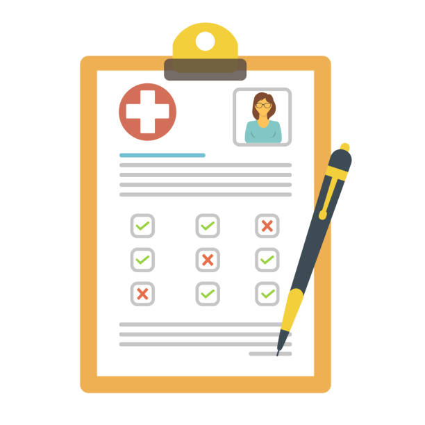 medical document The concept of medication, prescription of medicines. Filling the health insurance, medical card, prescription, medical certificate, clinical record, medical check marks report. Vector illustration. form filling stock illustrations