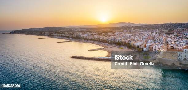 Panoramic Aerial View Of Sitges At Sunset Catalonia Spain Stock Photo - Download Image Now