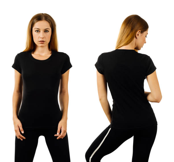 istock Woman wearing blank black shirt front and back 1165334114