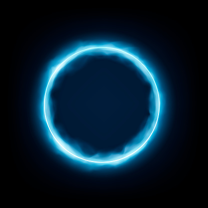 Round frame with glowing and light. Neon round frame with smoke Banner design on dark blue backdrop