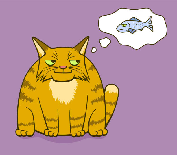 мультфильм мрачный кот думать о рыбе - sadness domestic cat kitten humor stock illustrations