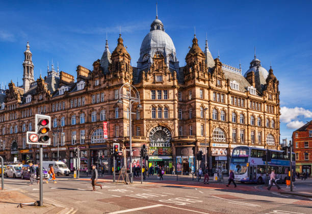 Leeds City Markets, Exterior, People Crossing Road stock photo