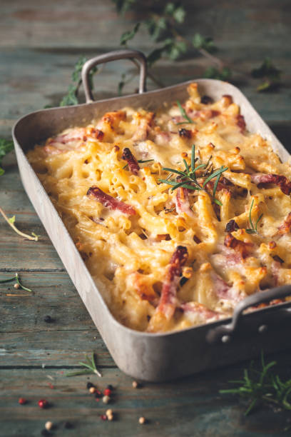 Mac and Cheese, Macaroni Gratin with Speck Ham and Rosemary