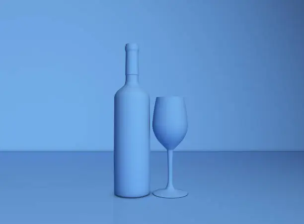 Photo of Blue wine bottle and glass on blue background, 3d render image