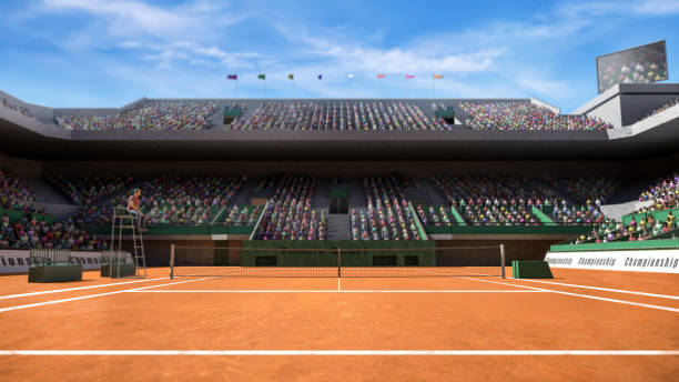 istock Empty clay tennis court with spectators 3d render 1165341118