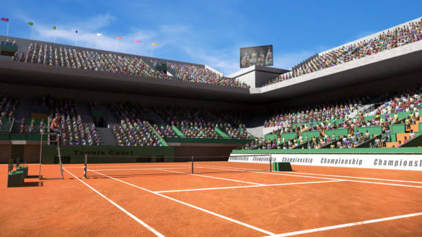 istock Empty clay tennis court with spectators 3d render 1165341956