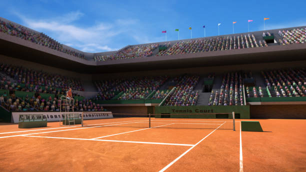 istock Empty clay tennis court with spectators 3d render 1165341979