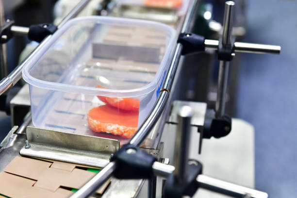 istock Fresh raw beef steak in boxes transfer on automated conveyor systems industrial 1165343419