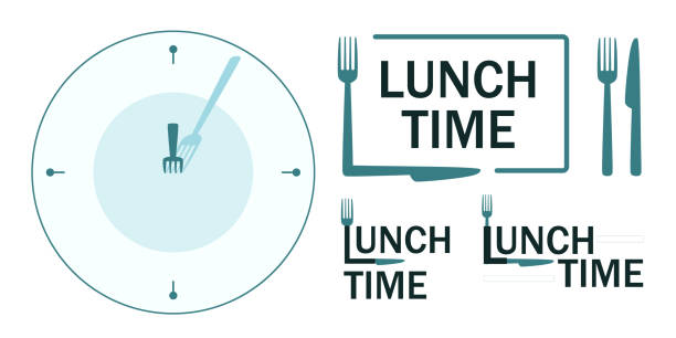 zestaw szyldów z tekstem w porze lunchu. - lunch clock healthy eating plate stock illustrations