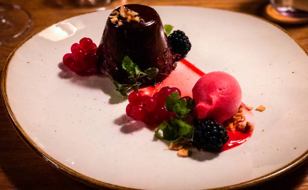 istock chocolate lava cake with red berry sorbet 1165343751