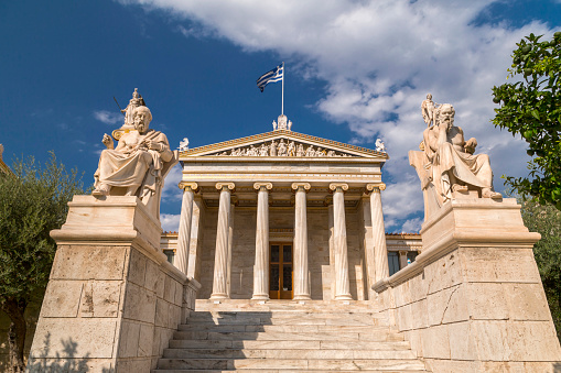 Exterior view of the Academy of Athens in Athens, the Greek capital. Statue of Platon and Sokrates.
