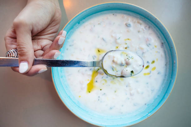 Bowl of traditional homemade Greek yogurt soup stock photo